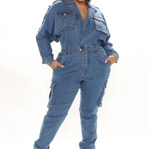 Not Worried About That Cargo Jumpsuit - Medium Blue Wash